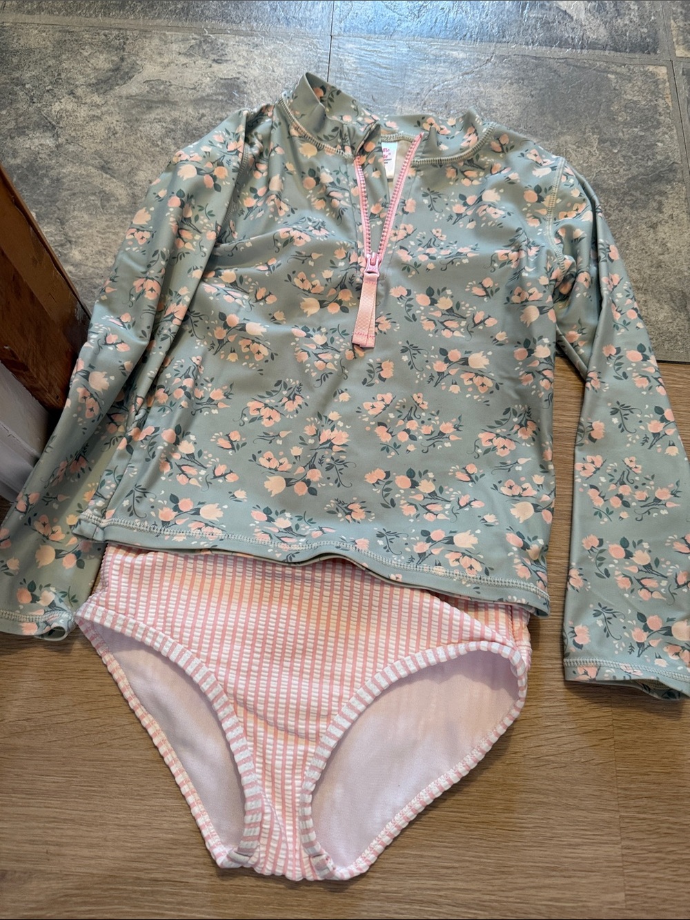 Ruffle Butts Sage Floral Rash Guard Set with Pink Striped Bottom